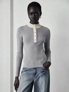 Lumivelle 撞色单排扣圆领针织长袖套头衫 - 灰色 - 查看 4