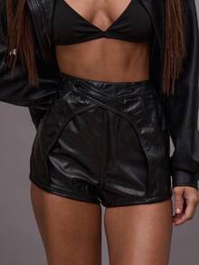 MUSERA 交叉前扣迷你中腰仿皮短裤 秋季夜出街头风 可爱性感 未裁剪 优雅 派对 春季 - 黑色 - 查看 6
