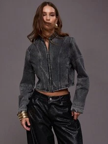 MUSERA Washed Denim Mock Neck Zip Through Motor-Cross Style Jacket Autumn Fall Winter Night Out Going Out Streetwear Cute Back To School Sexy Uncut - Navy Blue - View 4