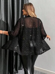 SHEIN CURVE+ Plus Size Women's Rhinestone Decor Mesh Sheer Jacket, Suitable For Thanksgiving, Christmas, New Year's Eve, Office, Party, Business Casual, Retro Style, Valentine's Day