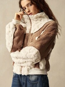 Bohemela 休闲拼色长袖宽松女式运动衫秋冬女士服装 - 杏色 - 查看 1