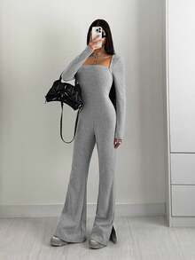 Flirla 女士方领长袖喇叭休闲连体裤，春夏