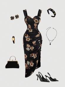 SHEIN MOD Váy xẻ tà họa tiết hoa đen xếp ly bất đối xứng dành cho nữ, váy xếp ly họa tiết hoa đen, trang phục Halloween, Giáng sinh, Thu/Đông cho nữ, trang phục đi chơi - Nhiều màu - Xem 3