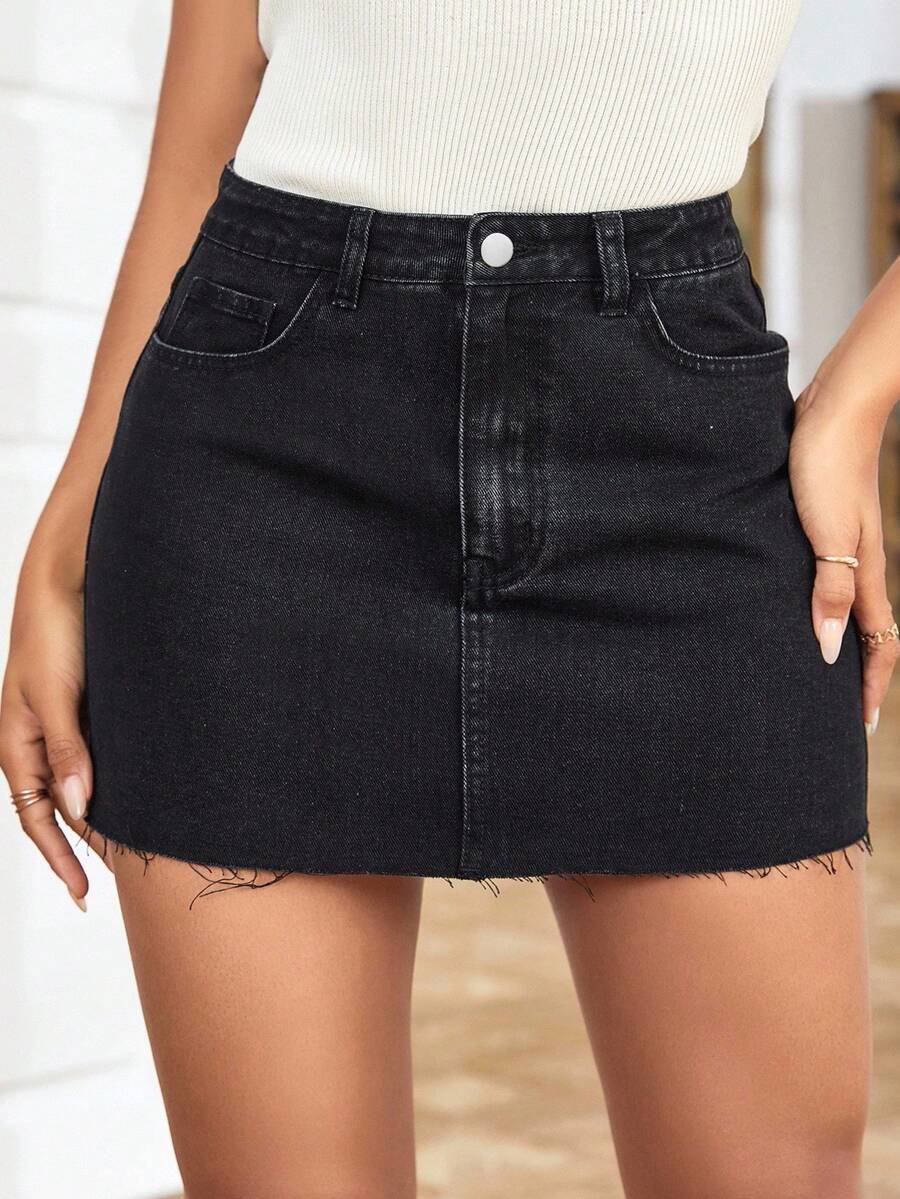 EMERY ROSE Plus Size High Waist Casual Denim Mini Skirt, Summer - Black - View 1
