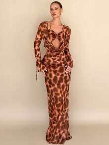 Rafferiza Women's Leopard Print Mesh 2 Pieces Set, Sexy Bodycon Skirt And Plunging Neck Top, Autumn/Winter - Multicolor - View 5