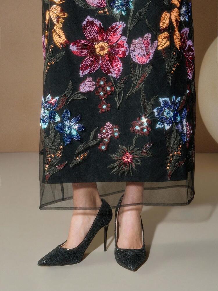 Women's Elegant & Fashionable Beaded Embroidery Midi Skirt, Spring/Summer