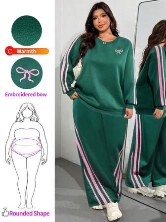 Enliva Plus Size Women's Long Sleeve Contrast Color Ribbon Sweatshirt, Loose Fit Pullover Hoodie With Butterfly Embroidery Detail Autumn Winter Clothes For Women