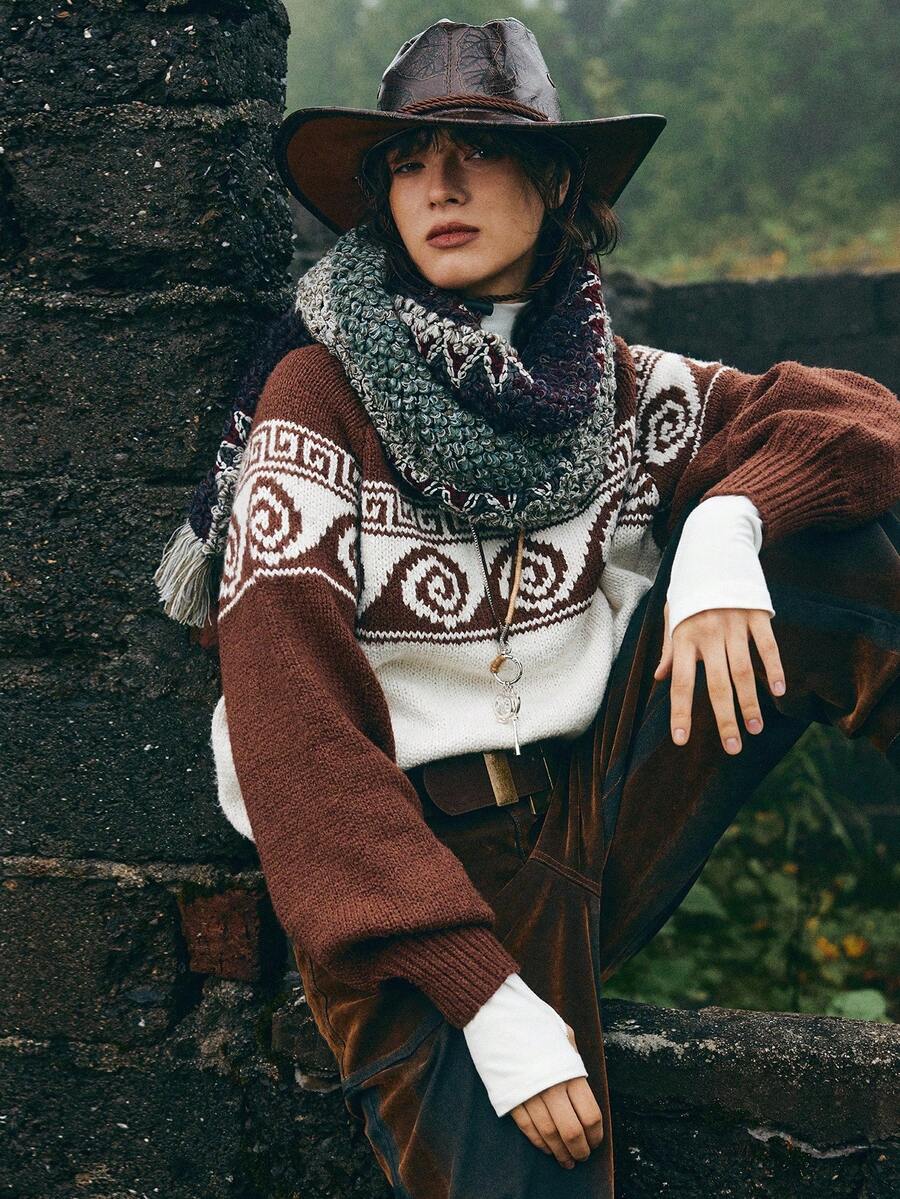 Bohemela 女式拼色复古提花休闲插肩袖时尚费尔岛针织套头衫秋冬 - 杏色 - 查看 1