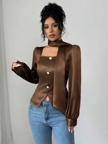 SHEIN Elenzya Women's Elegant Romantic Square Collar Long Sleeve Blouse - Coffee Brown - View 3