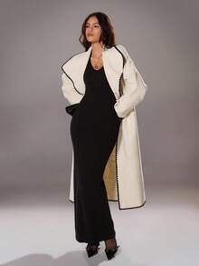 TRNVIE 1pc Women's Contrast Trim Collar Belted Long Casual/Office Coat, Apricot - Apricot - View 6