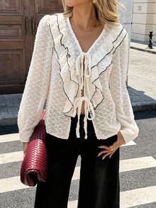 Chiquease Women's Ruffled Collar Long Sleeve Blouse, V-Neck Loose Fit Casual Shirt, Autumn - Apricot - View 4