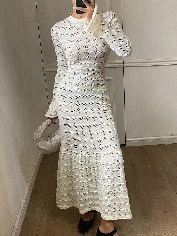 Women's Elegant Minimalist Fashion Knit Midi Dress, Loose Casual Business Office Commute Wear, Autumn/Winter Sweater Dress