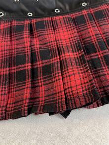 Christmas Red And Black Retro Plaid Star Rivet Leather Splicing Half-Length Women's College Style Miniskirt - Multicolor - View 6