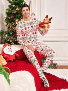 Velminro 男士圣诞印花长袖睡衣套装 秋季服装 - 紅白色 - 查看 3