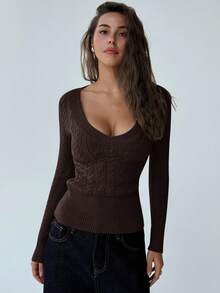 Aloruh Áo len dệt kim cáp cổ chữ V sâu tay dài thời trang mới, áo len đa năng cho phụ nữ trẻ vào mùa thu/đông - Cà phê nâu - Xem 7