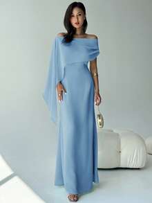 Aloruh New Off Shoulder Boat Neck Flowy Fitted Sense Of Design Birthday Mini Dress Party Cocktail Versatile Green Maxi Mermaid Hem Dress - Baby Blue - View 3