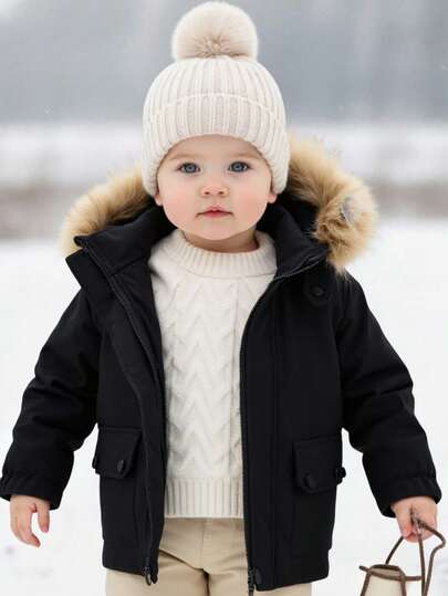 SHEIN Young Boys' Casual Comfortable Versatile Faux Fur Trim Hooded Thick Jacket, Thermal Lined Long Coat For Winter Fall