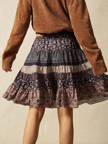 Bohemela Autumn Women's Vintage Music Festival Halloween Casual Vacation Floral Printed Ruffled Skirt With Waist Tie Loose Women Skirt, Western Country Style Concert Vacation, Suitable For Vacation & Daily Wear & Back To School - Multicolor - View 3