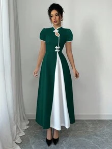 Rafferiza Women's Contrast Color Button Design Puff Sleeve Elegant Dress - Dark Green - View 3