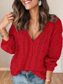 EMERY ROSE Cardigan casual a maglia con scollo a V e design traforato, tinta unita, da donna