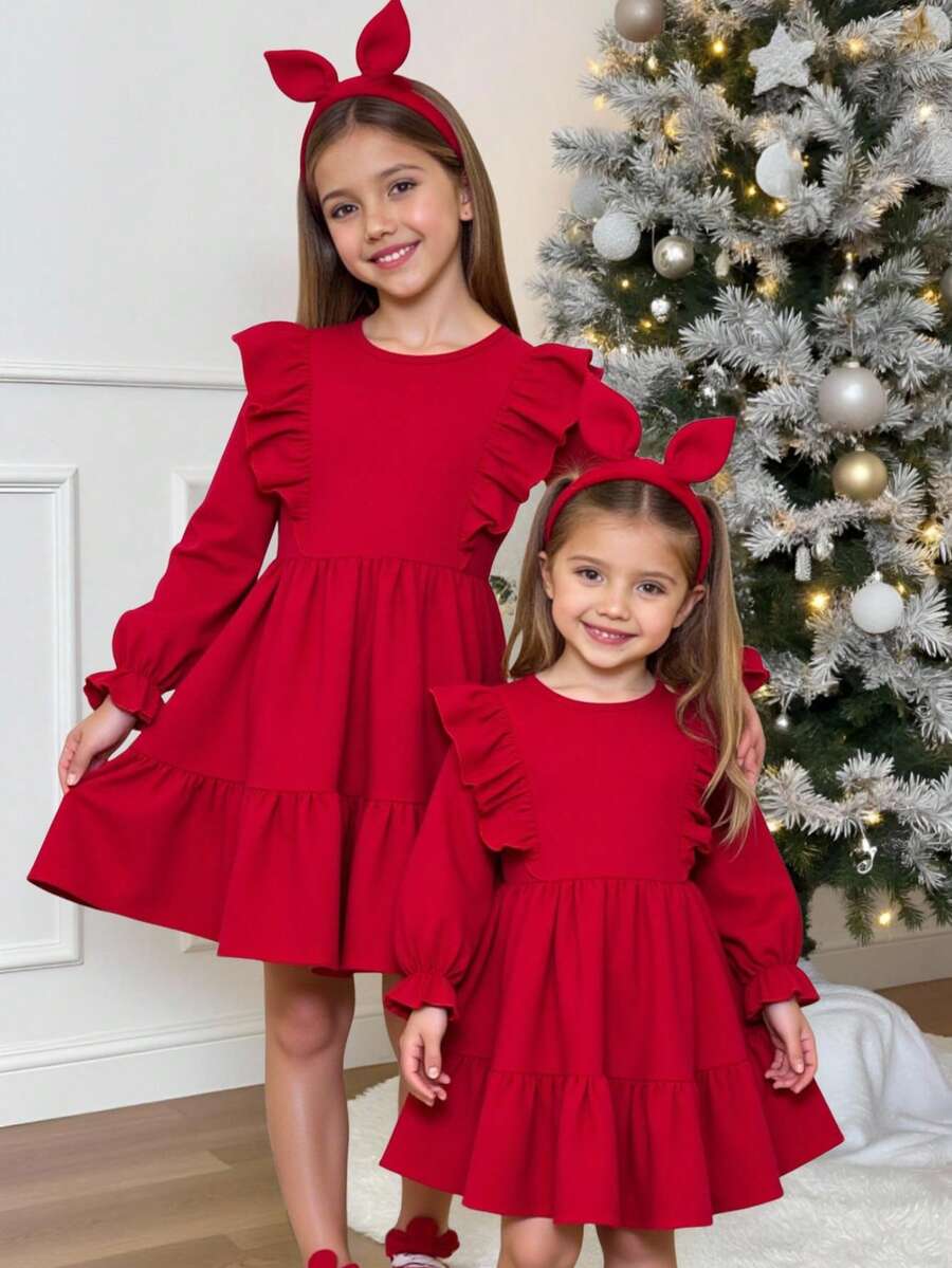 SHEIN Váy len tay bồng nhún bèo màu trơn cho bé gái - Đỏ - Xem 1