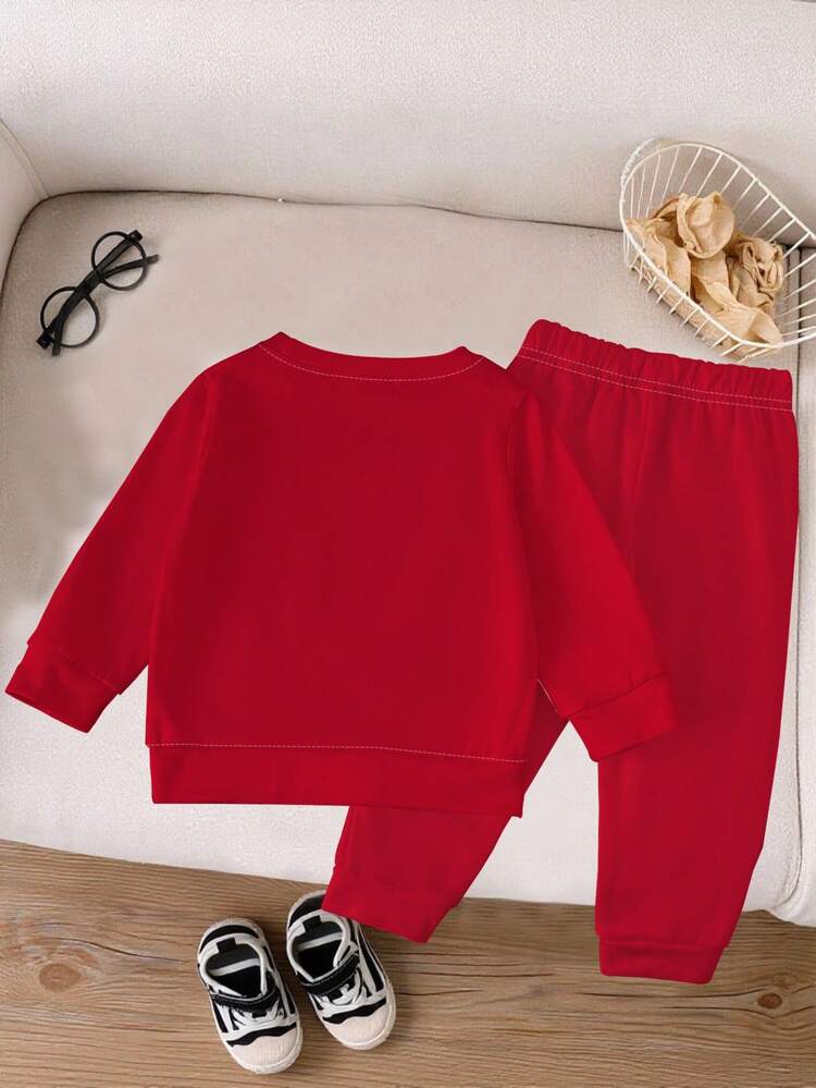 SHEIN Playful Pals 1 Set Baby Boys Casual Cute Cartoon Santa Claus & Reindeer Print Crew Neck Sweatshirt And Sweatpants Set, Suitable For Christmas, Autumn/Winter - Multicolor - View 2