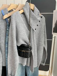 Franclia 法式复古宽松V领长袖针织围巾可拆卸灰色女士套头毛衣，秋冬外出上衣 - 灰色 - 查看 4