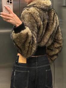 Muchica 秋冬女士棕色人造毛皮撞色拉链长袖夹克 - 摩卡棕 - 查看 2