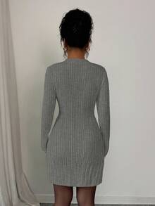 Elenzga 女式罗纹高领长袖紧身 A 字连衣裙，修身收腰 - 灰色 - 查看 2