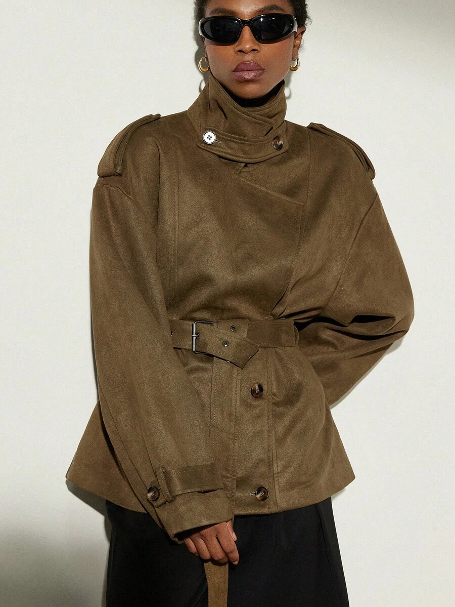 Aveloria Modichic 女士秋冬新款加厚绒面抓绒翻领风衣短款外套 - 墨綠色 - 查看 1