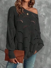 EMERY ROSE Suéter casual de cuello redondo de unicolor con diseño calado - Gris Oscuro - Ver 7