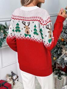 EMERY ROSE Women's Round Neck Drop Shoulder Deer Pattern Jacquard Knit Pullover Sweater Christmas - Multicolor - View 2