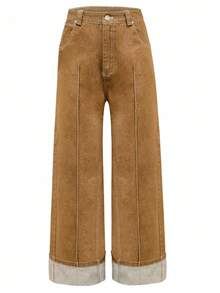 Franclia Women's Retro Casual Straight Leg Jeans - Camel - View 3