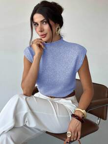 Firerie 优雅高领宽松休闲百搭无袖针织毛衣背心外出上衣女秋冬上学上衣 - 淺藍色 - 查看 3