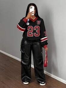 Slaydiva 2025 Autumn/Winter Casual Minimalist Jersey Design Sweatshirt, Number 23 Rhinestone-Effect Contrast Trim V-Neck Loose Fit Hoodie, Black