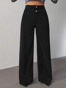 SHEIN Unity Women's Fashionable Versatile Solid Color Corduroy Wide Leg Pants - Black - View 1