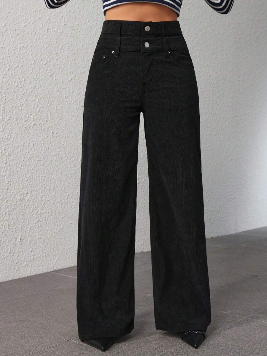 SHEIN Unity Women's Fashionable Versatile Solid Color Corduroy Wide Leg Pants - Black - View 1