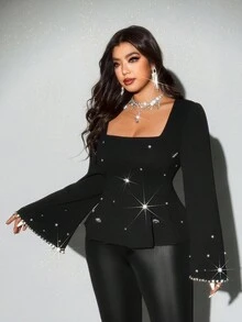 Viva Relle Blouse à manches longues élégante, romantique, sexy et luxueuse avec décoration de diamants, convenant pour les fêtes et la Saint-Valentin, grande taille - Noir - Voir 5