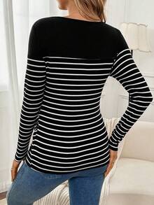 SHEIN 孕妇条纹方领长袖休闲哺乳上衣 - 黑與白 - 查看 2