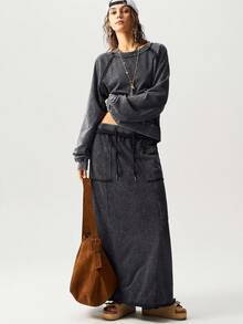 Bohemela 2 件套女士休闲纯色针织圆领长袖宽松运动衫和宽松裙子 - 黑色 - 查看 4