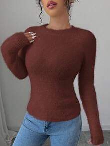 SHEIN LUNE Sweater Kasual Wanita Lengan Panjang Raglan Leher Bulat Warna Polos, Pas Badan, Musim Gugur/Dingin - Coklat - View 3