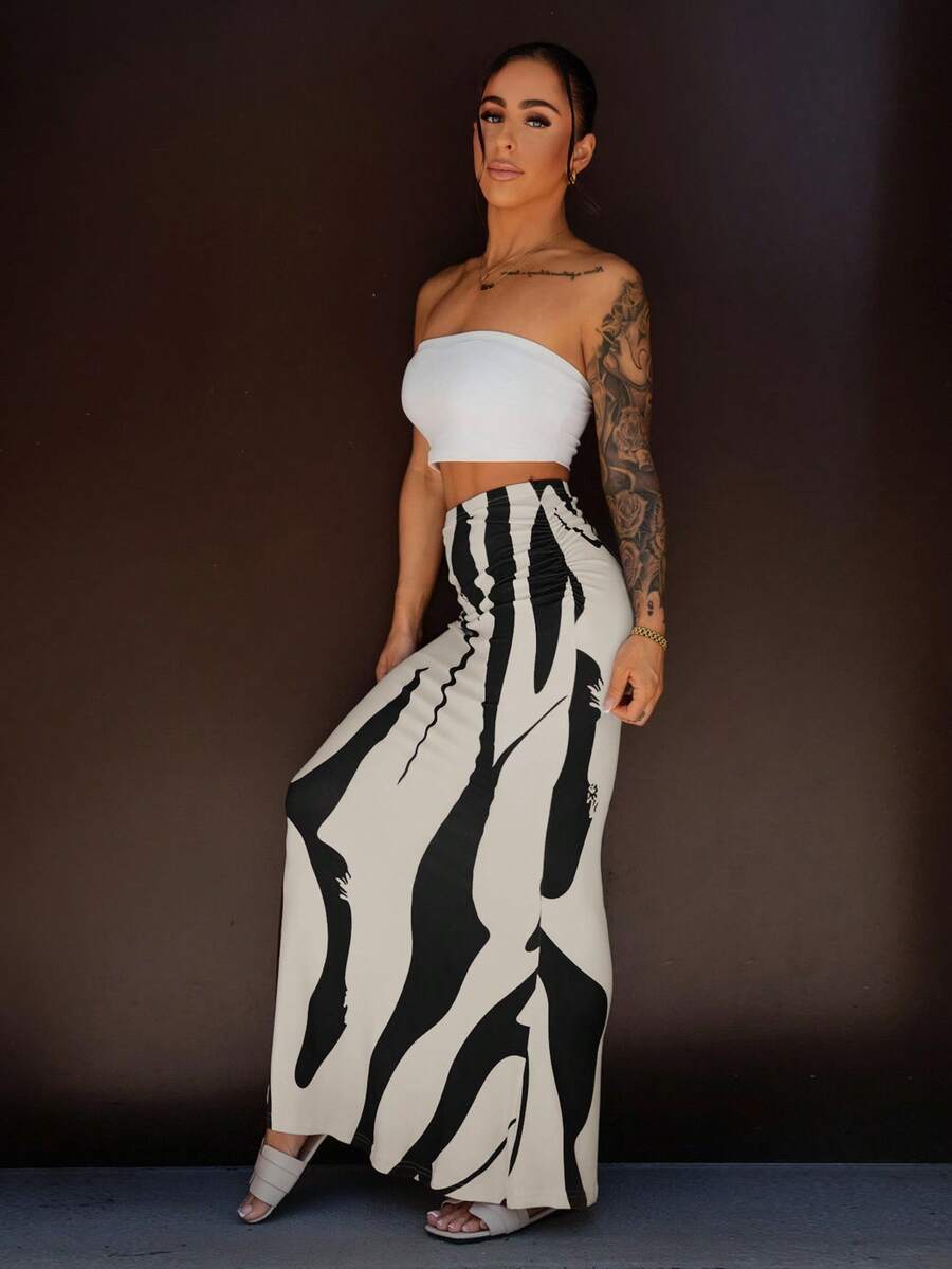 SAYEHFBABY 女式印花百褶长裙 - 杏色 - 查看 1