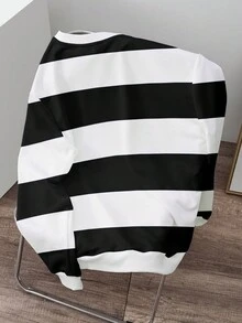 Manfinity Joysei 男士休闲标语条纹圆领长袖宽松套头衫，秋冬 - 彩色 - 查看 3