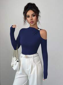 INAWLY 女士纯色修身性感金属装饰镂空肩长袖T恤 - 寶藍色 - 查看 3