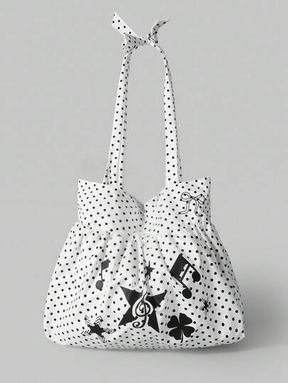 Anime Cute Bow Vintage Heart Shaped Women's Shoulder Bag Minimalist Polka Dot Summer Flower & Music Note Large Capacity Tote Bag, Fits Laptop, Suitable For Daily Commute, School, Shopping, Etc.