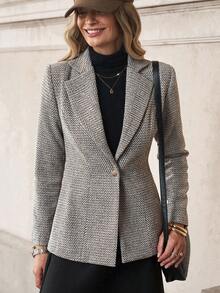 Solivie 女士优雅通勤修身西装外套，秋冬季粗花呢西装外套，带衬里，适合感恩节穿着 - 灰色 - 查看 5