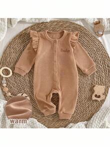 Loomiva 新生女宝宝卡通熊图案针织柔软圆领荷叶边长袖连体衣