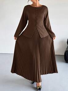 Firerie 大码女式通勤新款仿口袋装饰船领卡其色情人节办公室别致通勤优雅高街长袖春秋西装外套和百褶裙两件套 - 棕色 - 查看 7