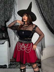 Whyspr Sunspun-D cỡ lớn dành cho nữ phong cách Gothic Punk thời trang Halloween lưới tương phản viền bèo nhún tối màu - Nhiều màu - Xem 5