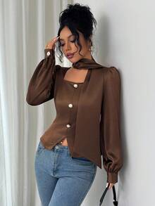 SHEIN Elenzya Women's Elegant Romantic Square Collar Long Sleeve Blouse - Coffee Brown - View 7